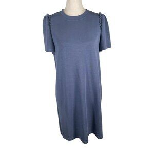 Cynthia Shift Dress Women Small Blue Knit Ruffle Short Sleeve Crew Neck Pullover